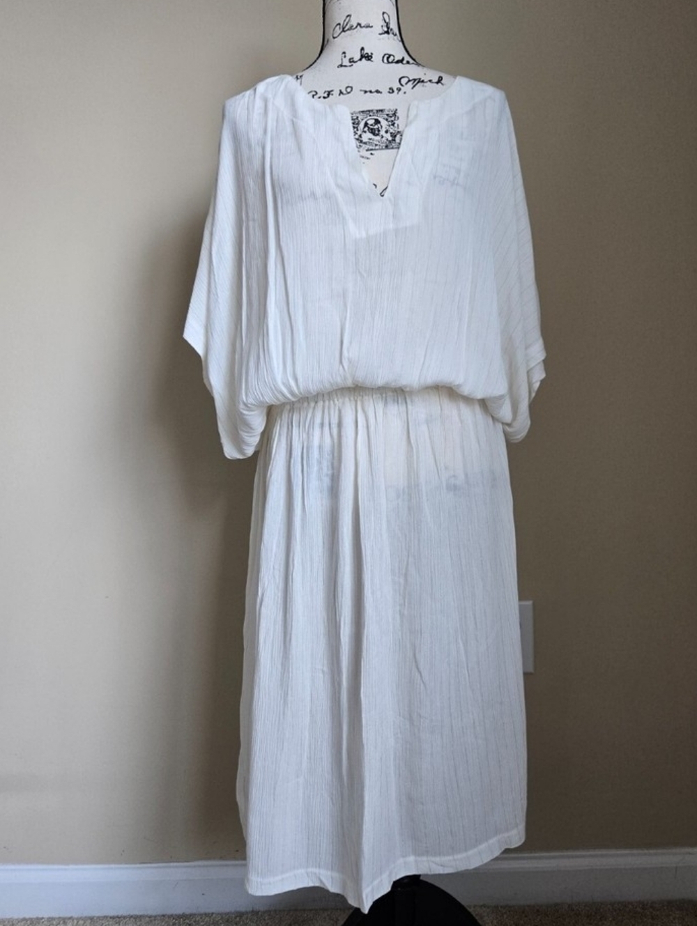 NWT World Market White Gold Stripe Caftan Dress One Size Boho Beach Cover Up Mid